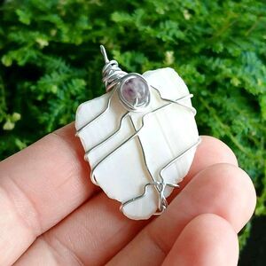 Fluorite Crystal & Shell Pendant, Wire Wrapped Gemstone Pendant, 2"